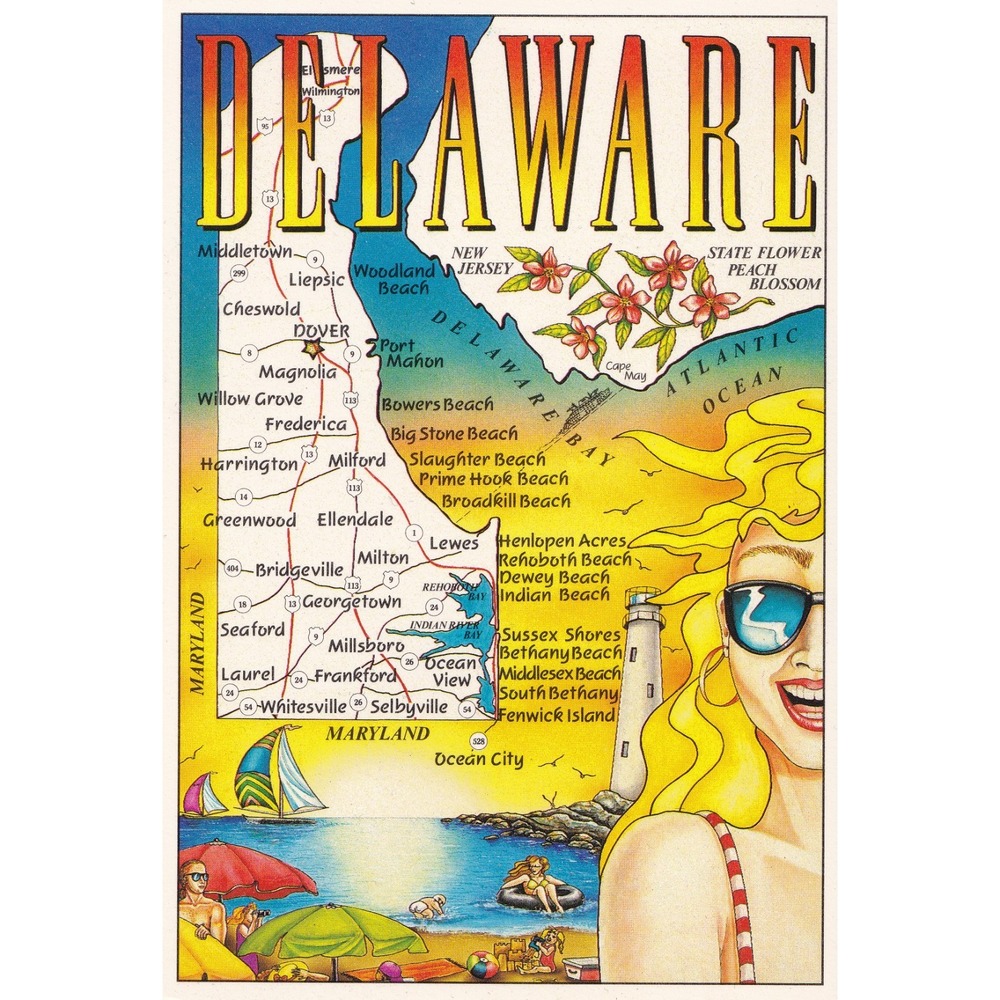 Delaware State Map Postcard Peach Blossom Beaches Vintage Retro Americana
